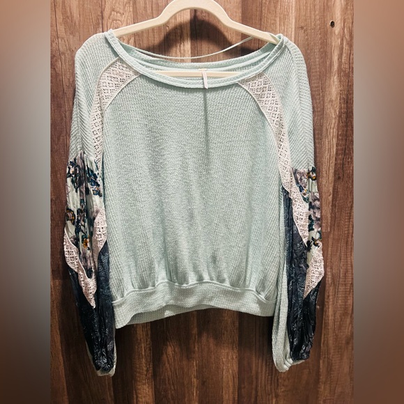 Free People Casual Clash Top Teal Blue Lace Long Sleeve Sz Small Women’s - Picture 2 of 5